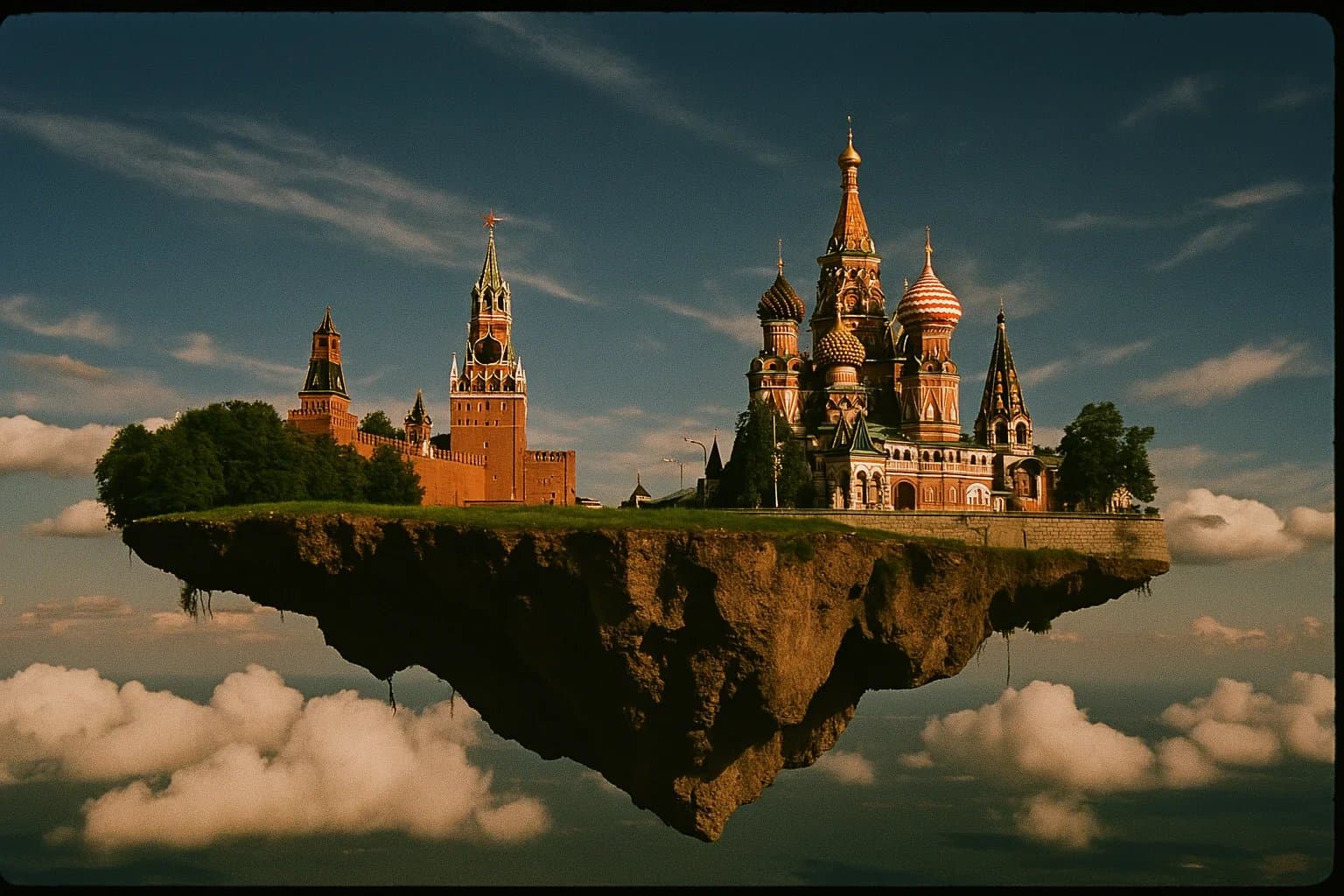 35mm film photo aesthetic showing Moscow cityscape on a flying island in the sky