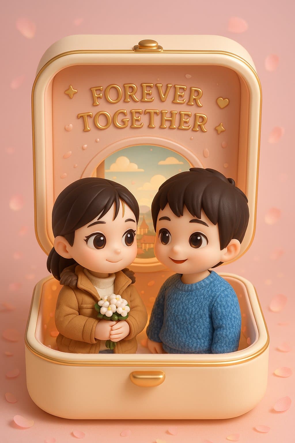3D rendered Q-version couple figurine inside a decorated jewelry box display