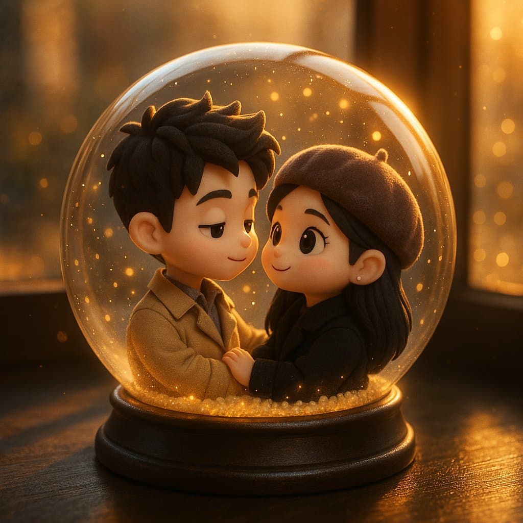 3D Q-version couple inside a snow globe on a desk by a window