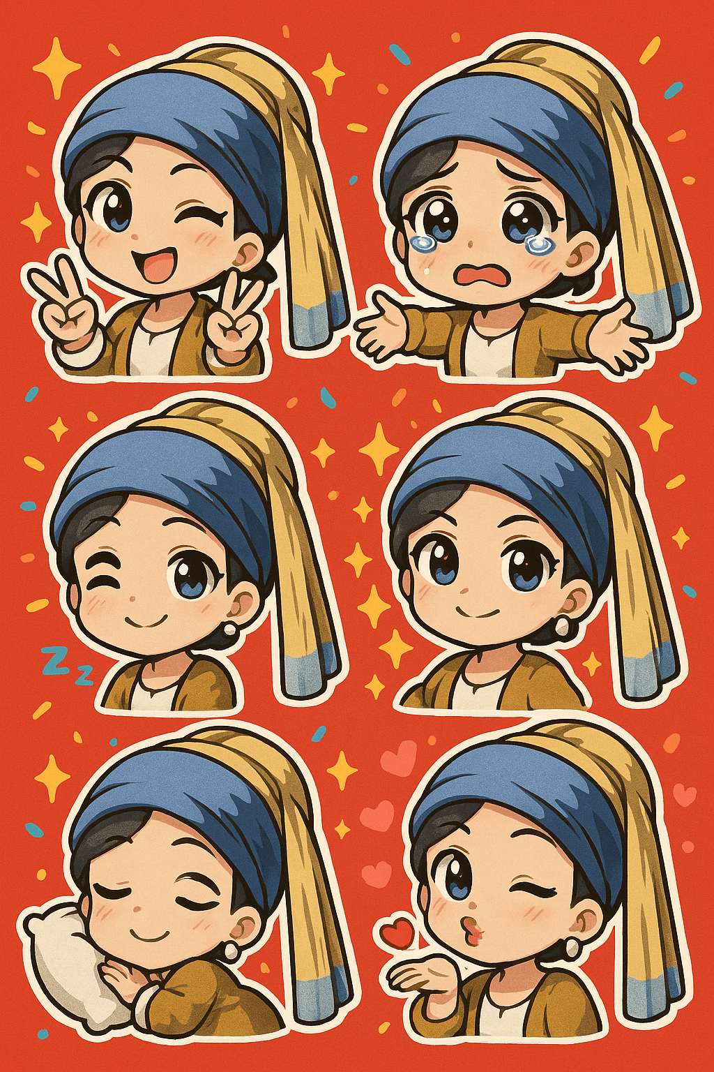 Set of six chibi-style stickers based on a user's photo, showing various cute expressions and poses