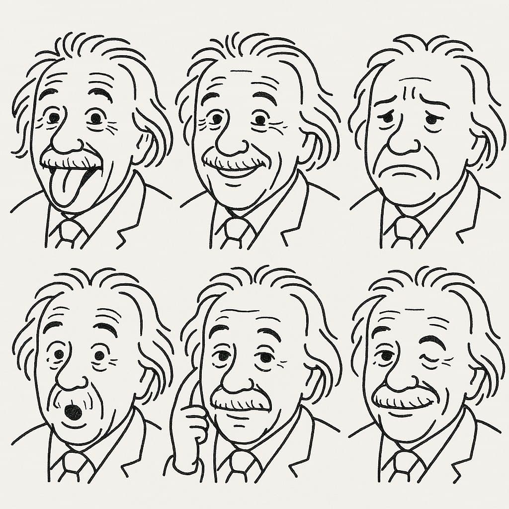 Einstein transformed into a hand-drawn stick figure emoji pack with various expressions