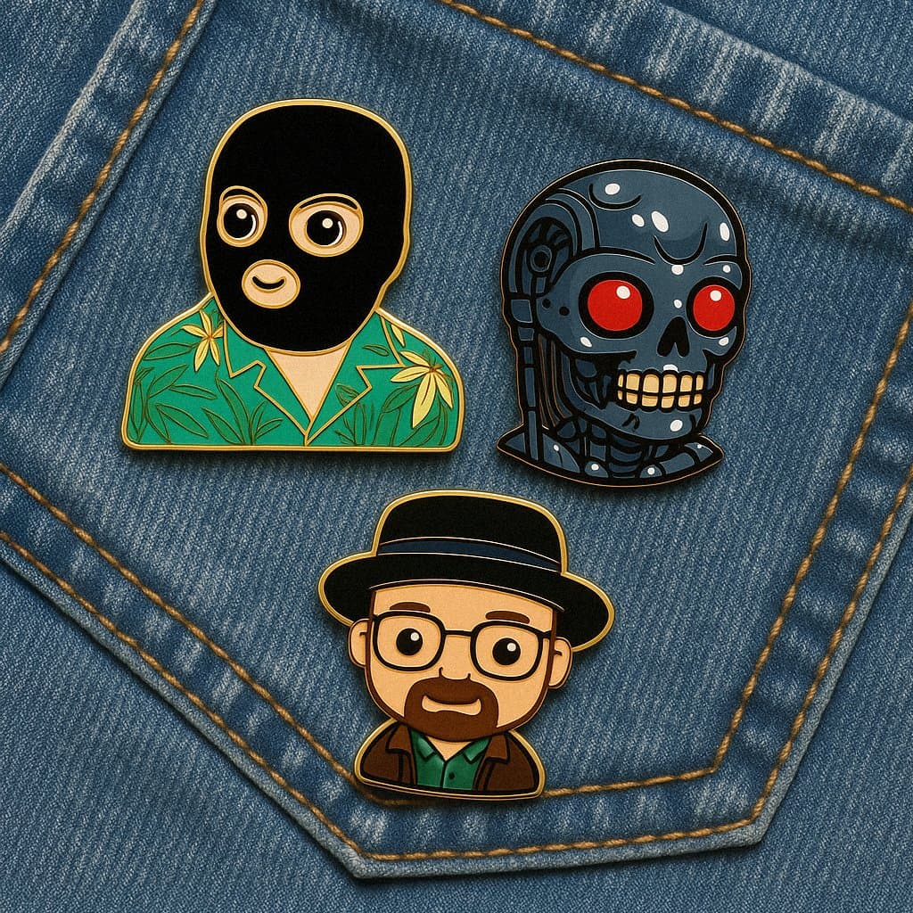 Kawaii enamel pins of several pop culture characters (e.g., Terminator, Breaking Bad protagonist)