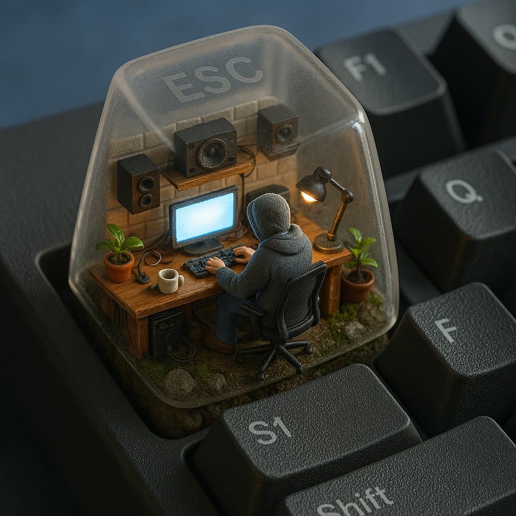 Miniature computer setup diorama inside an ESC keycap