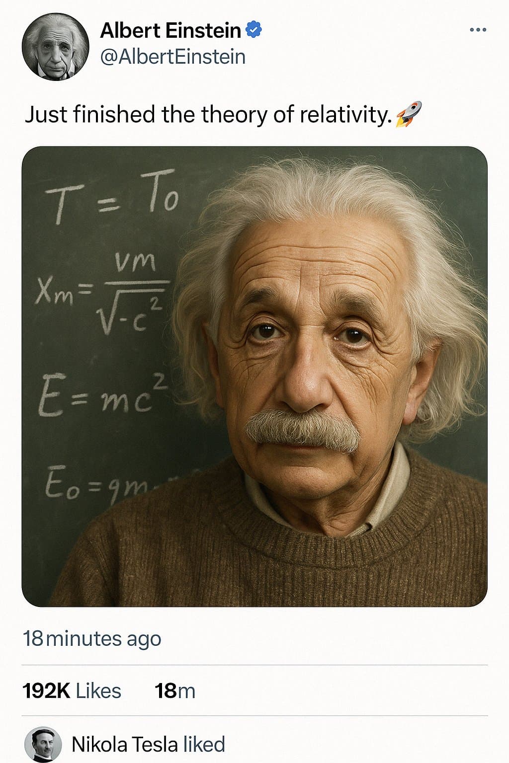 Hyperrealistic Twitter post screenshot by Albert Einstein after finishing the theory of relativity, with chalkboard and equations in the background, liked by Nikola Tesla