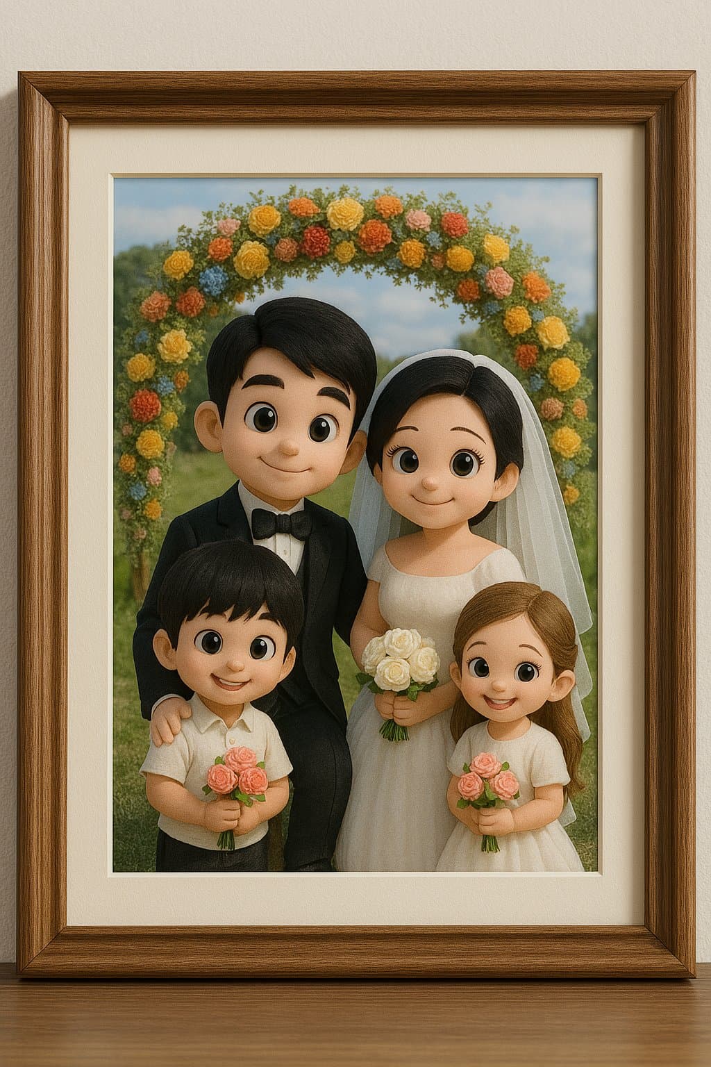 Q-version 3D family portrait with parents in wedding attire and child as flower bearer, framed