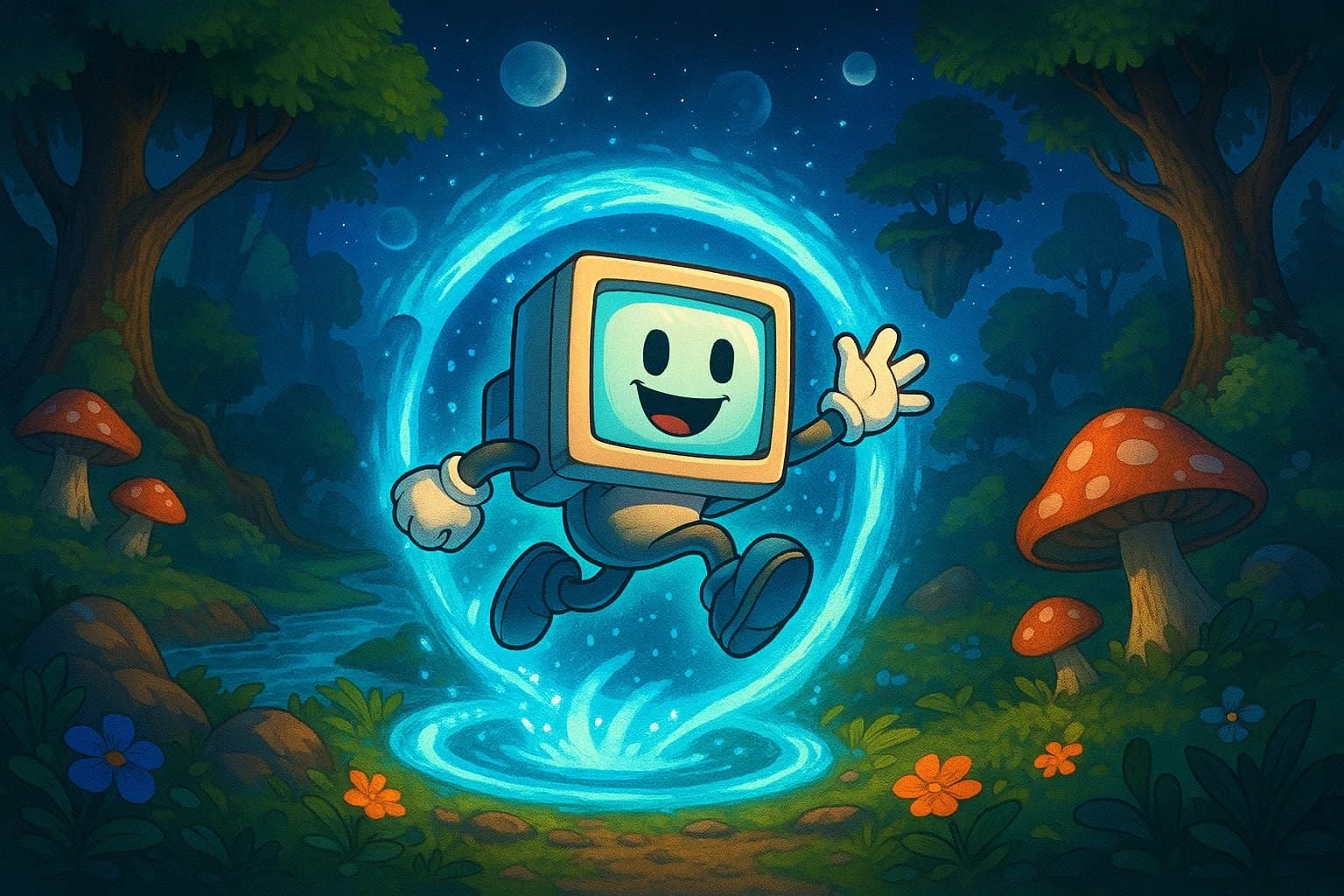 Cartoon character with a computer monitor head jumping through a portal in a fantasy forest