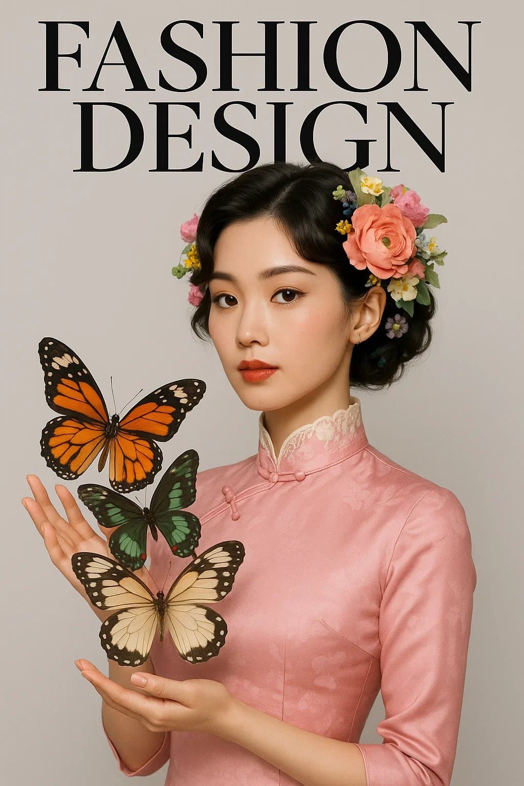 Fashion magazine cover style photo of a woman in pink cheongsam with flowers and butterflies
