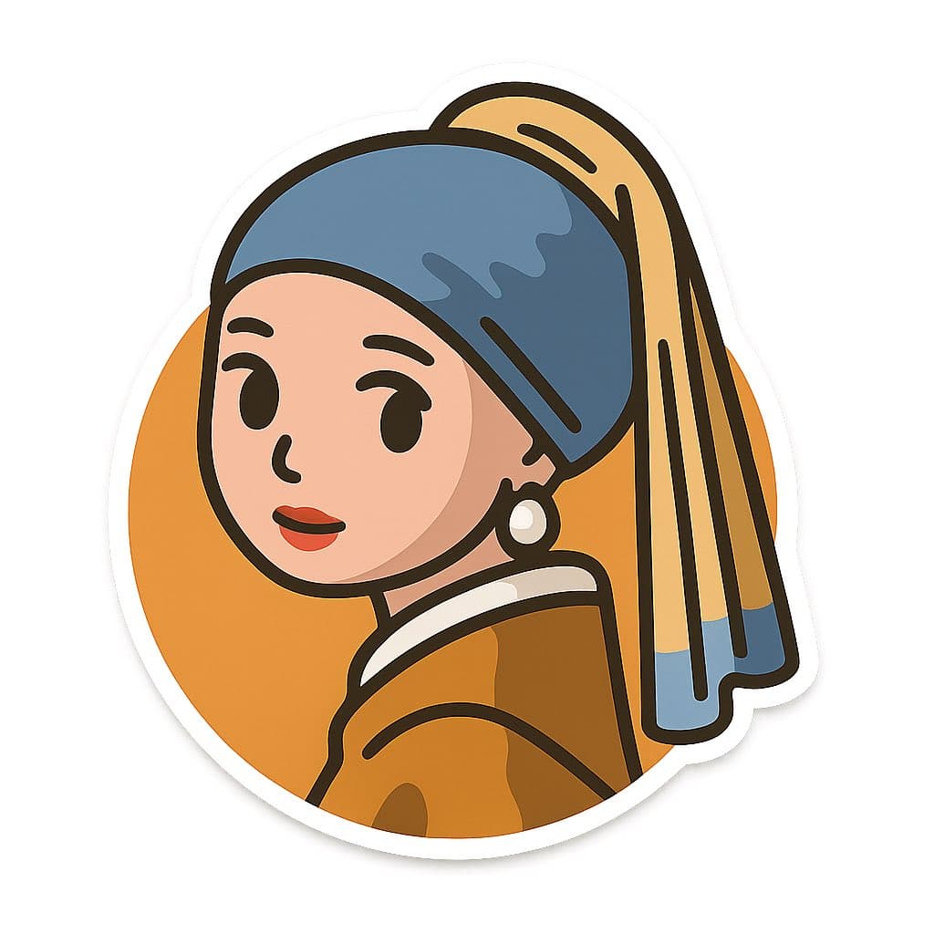 Minimalist flat illustration style Q-version sticker of 'Girl with a Pearl Earring' with a thick white border