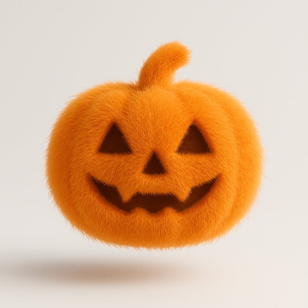 Hyperrealistic 3D render of a jack-o'-lantern emoji covered in soft orange fur