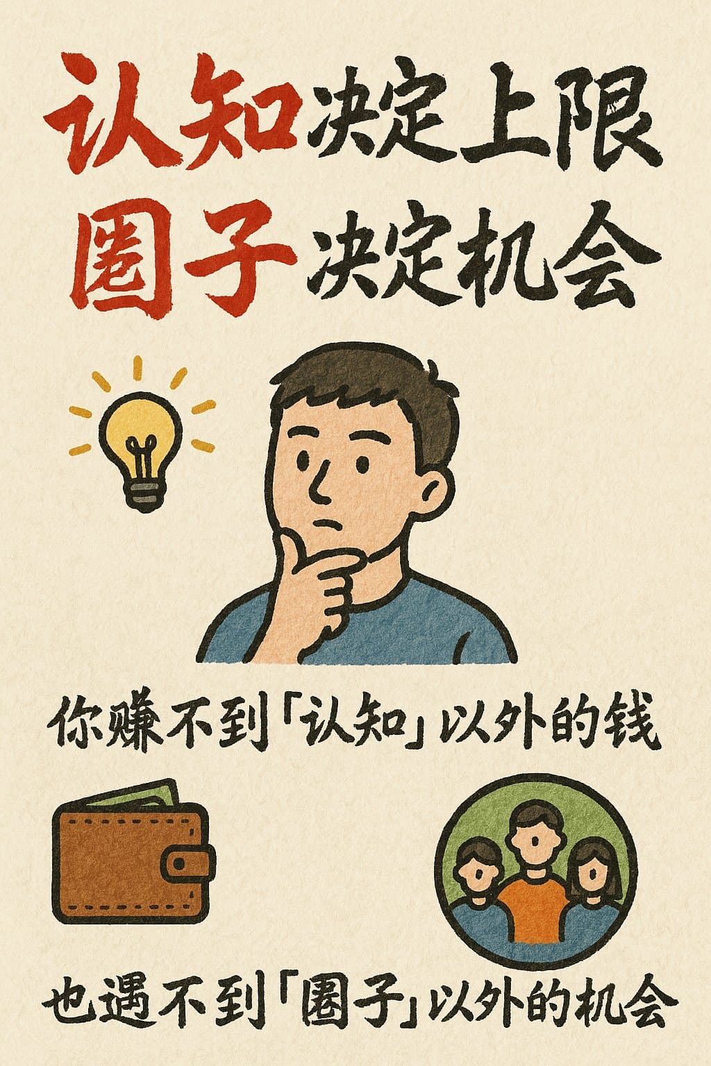Hand-drawn infographic card in Chinese discussing cognition and social circles determining limits and opportunities