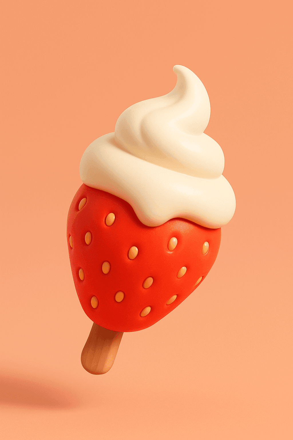 Strawberry-shaped cream popsicle with a cream swirl on top, cute Q-version 3D style