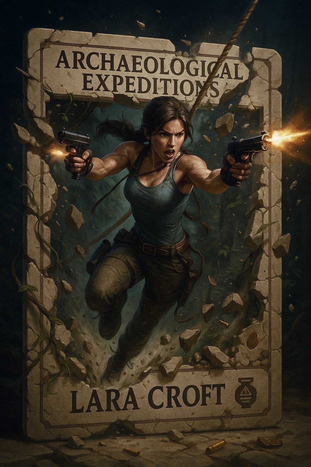 Lara Croft breaking through the border of an 'Archaeological Expeditions' card with physical destruction effects