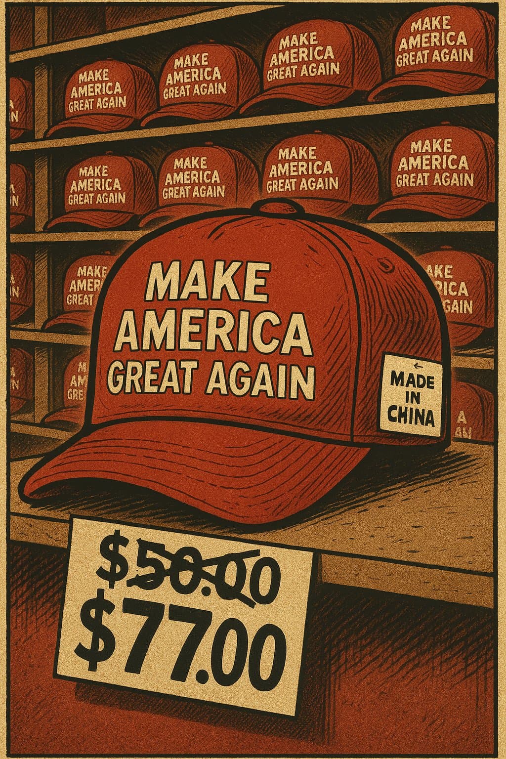 Satirical retro cartoon of MAGA hats labeled 'Made in China' with marked-up price