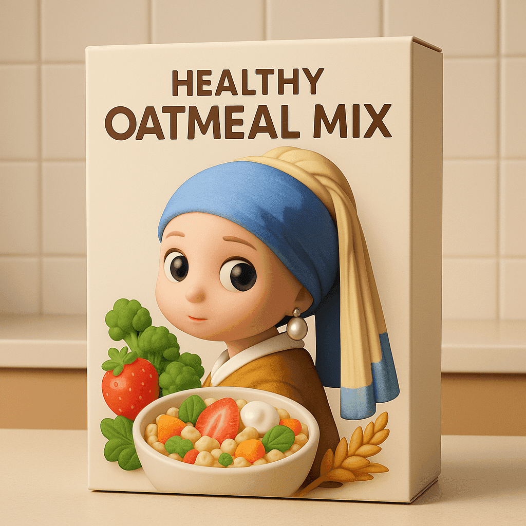 Ad cover featuring 'Girl with a Pearl Earring' as a cute Q-version 3D character on a fictional 'Master Oats' cereal box