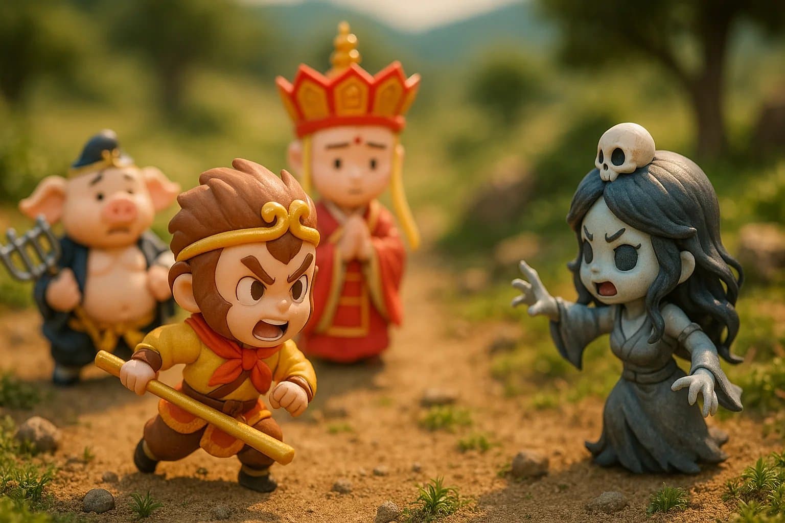 Miniature Q-version diorama of Journey to the West (Monkey King fights White Bone Demon) in tilt-shift photography style