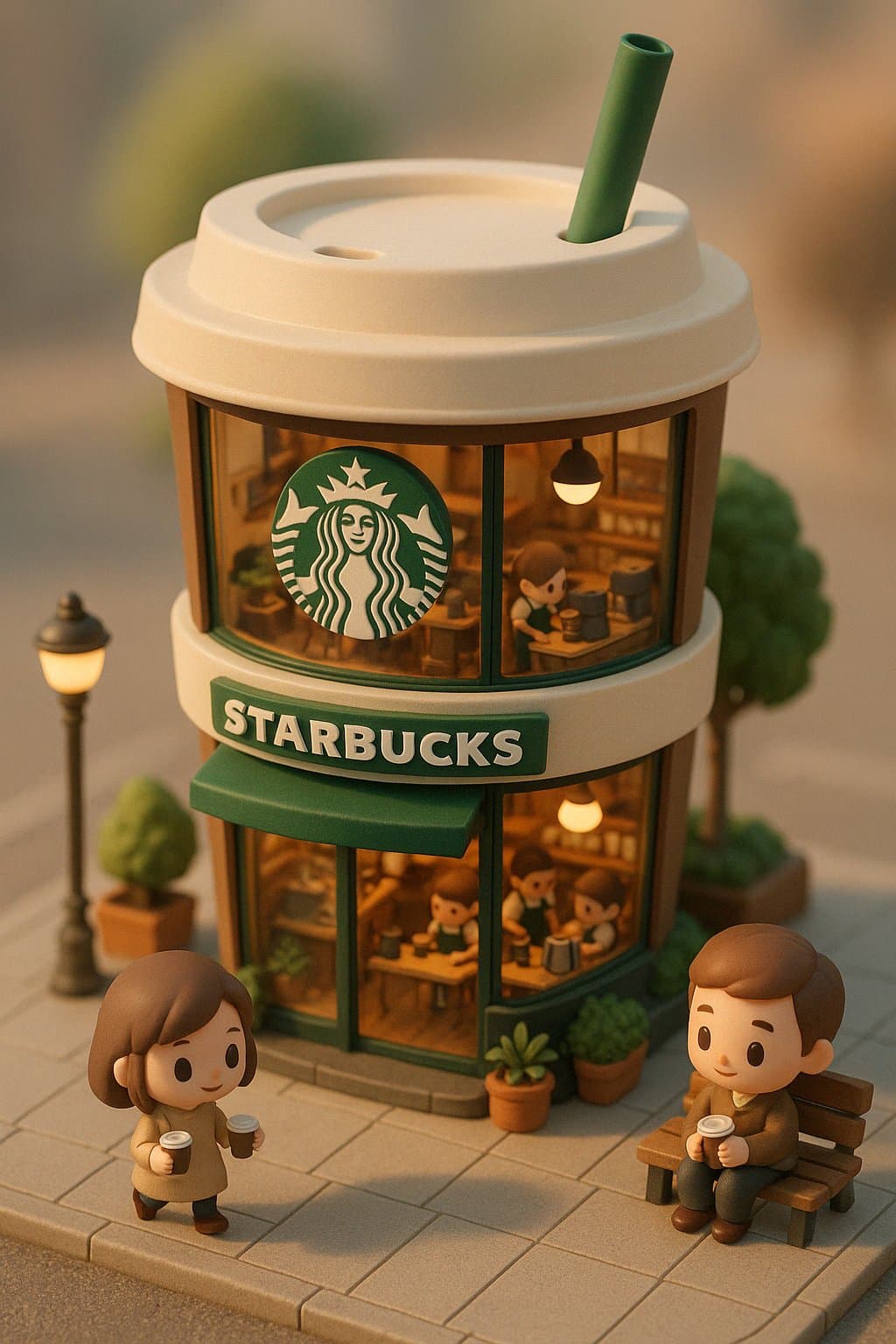 3D Q-version miniature Starbucks cafe building shaped like a coffee cup