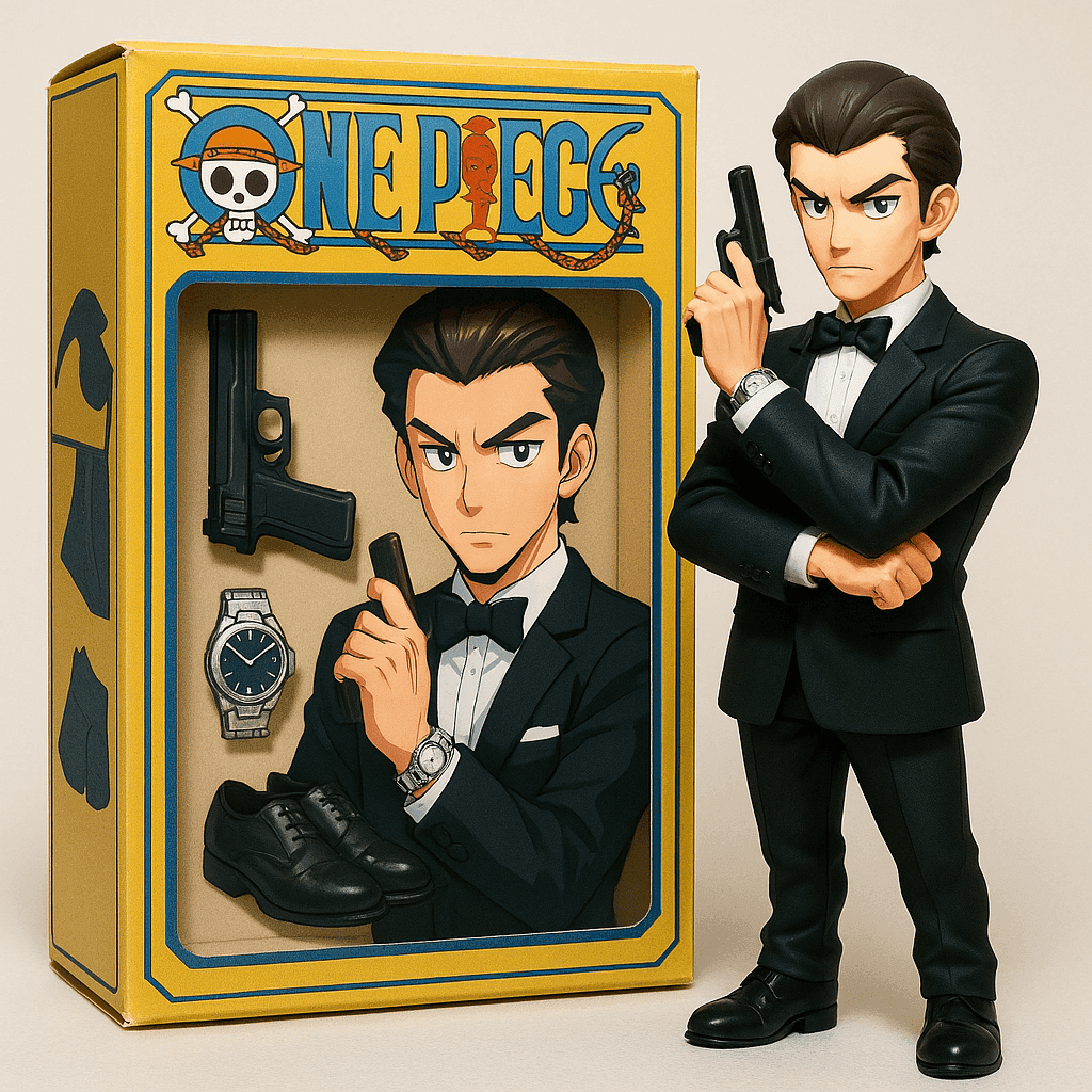 Isometric view of a One Piece themed figure box based on a photo, showing the figure inside and beside the box
