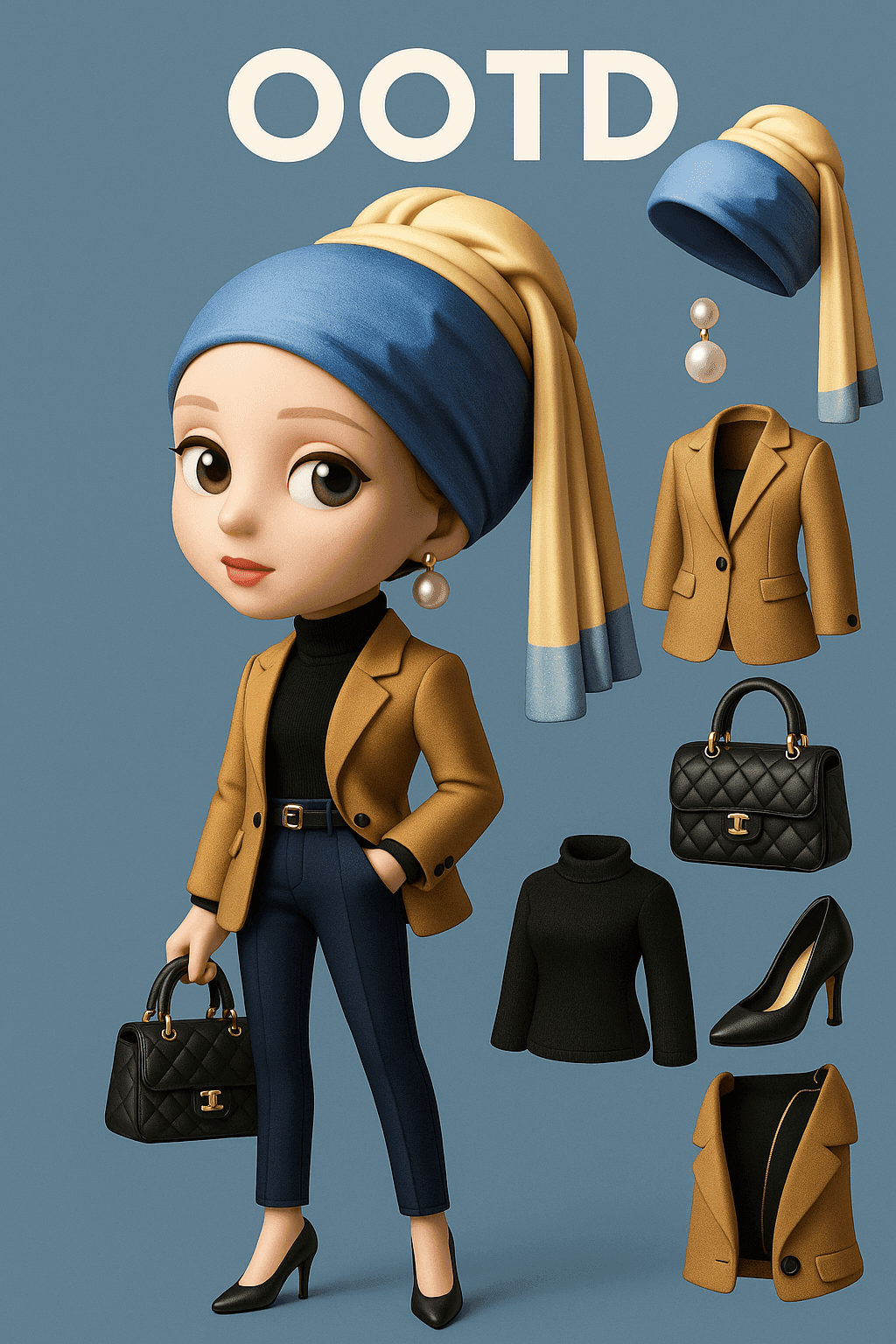 Outfit of the Day (OOTD) concept for 'Girl with a Pearl Earring' as a fashion designer, Q-version 3D style