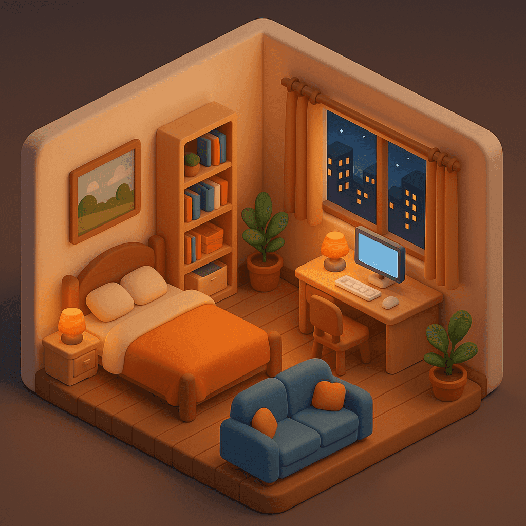 Isometric view of a cute 3D personalized room design with city night view