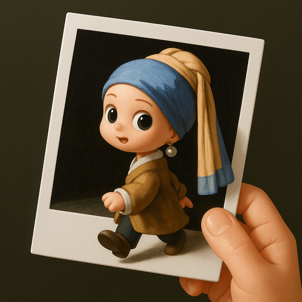 3D Q-version character stepping out of a polaroid photo held by a hand