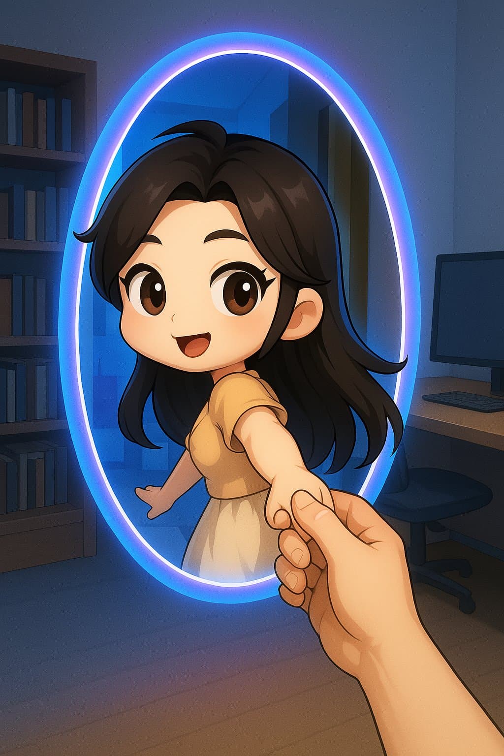 3D Q-version character pulling viewer's hand through a portal from a programmer's room into a blue world