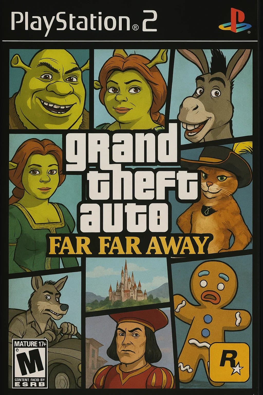 Fake PS2 game cover for 'Grand Theft Auto: Far Far Away' featuring Shrek characters