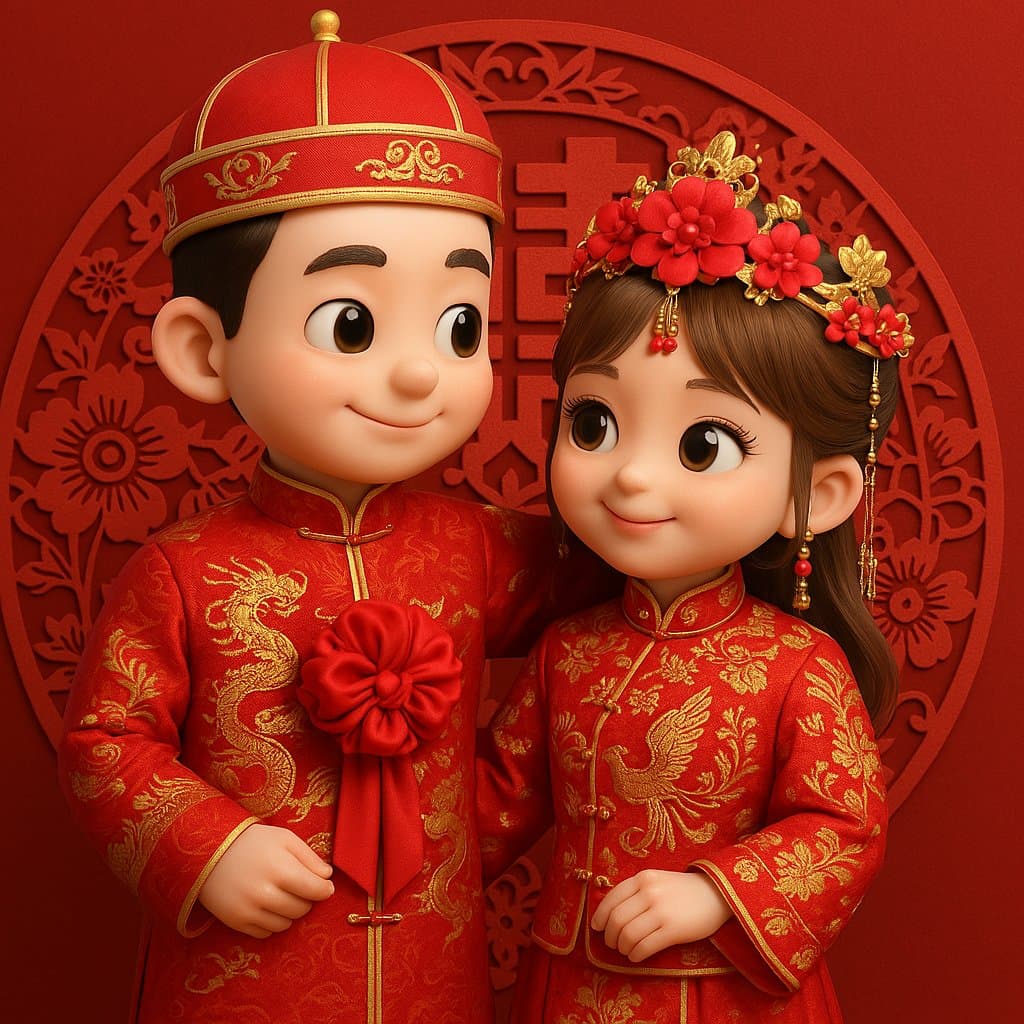 Q-version 3D couple in traditional Chinese wedding attire with '囍' backdrop