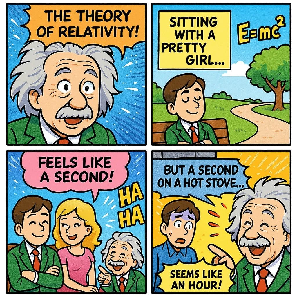 Colorful four-panel manga humorously explaining the theory of relativity