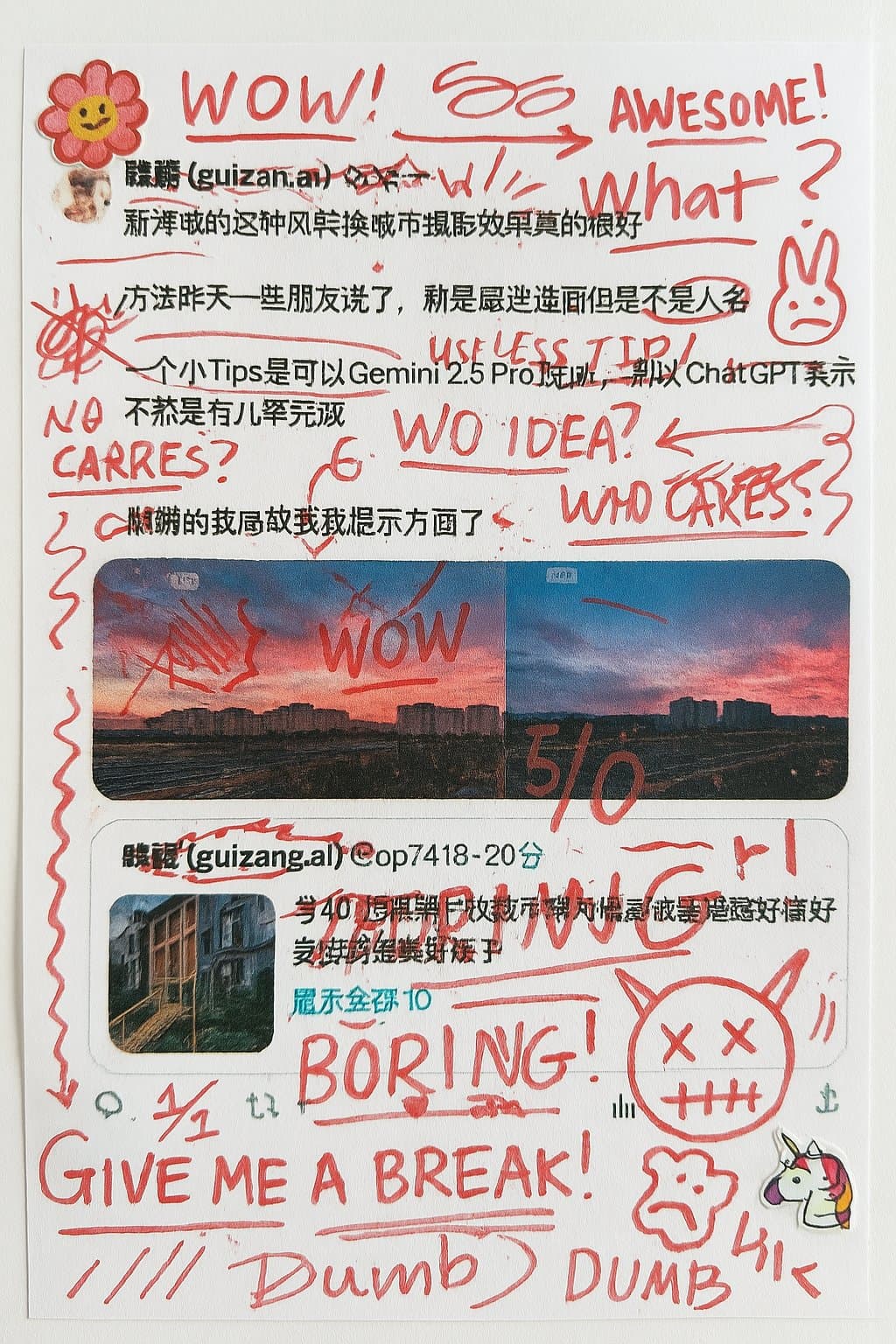 Screenshot of a social media post covered in frantic red ink doodles, annotations, and drawings