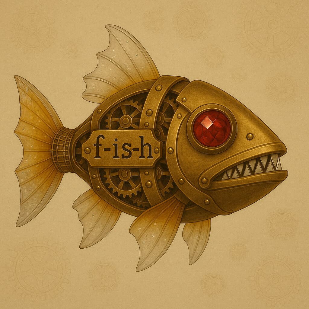 Steampunk-style mechanical fish with brass body, visible gear mechanisms and multi-faceted ruby eyes