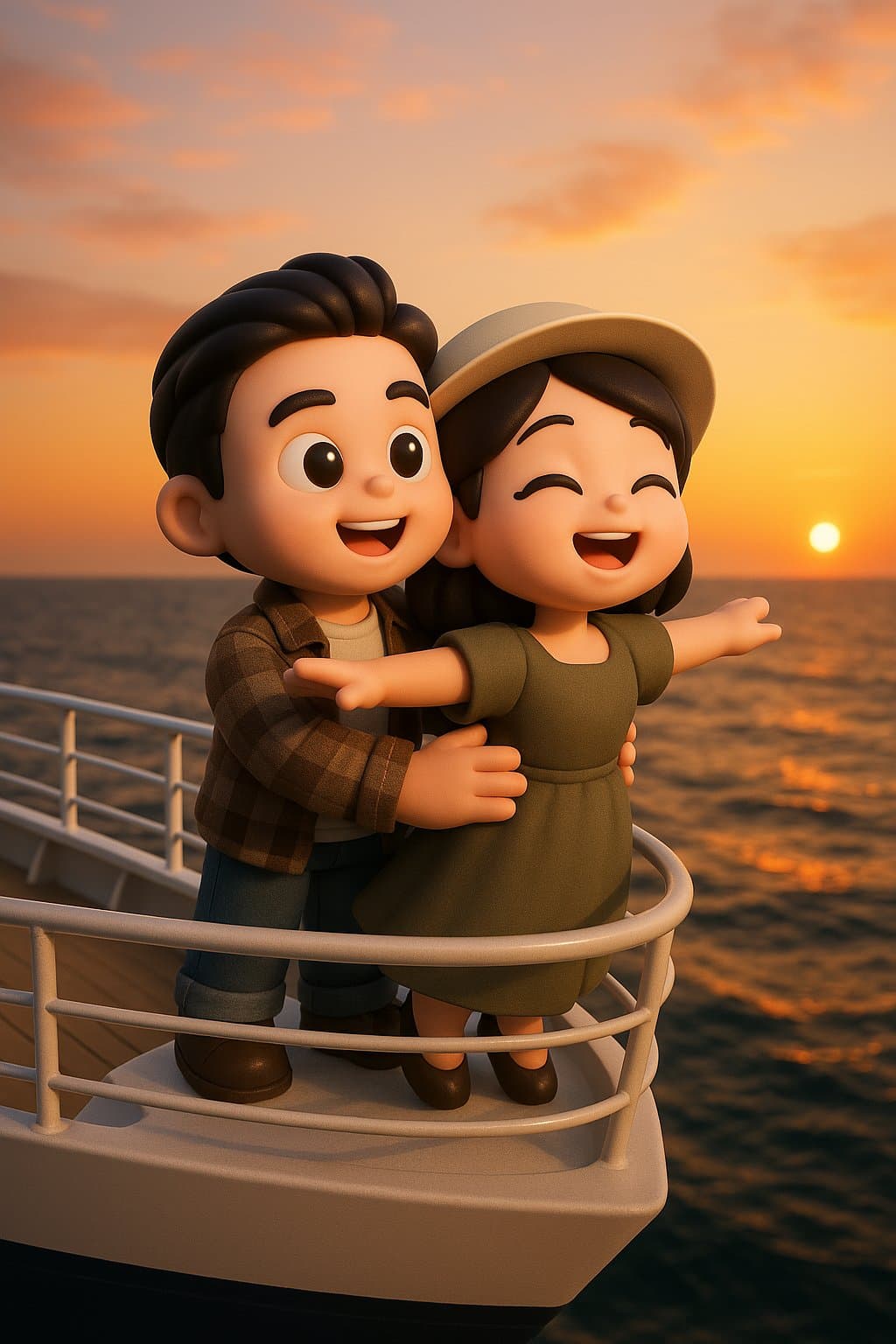 Cute Q-version 3D couple recreating the Titanic 'king of the world' pose on a ship's bow