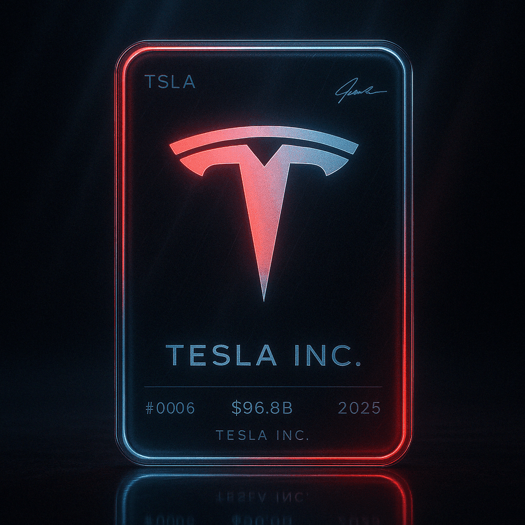 Futuristic trading card featuring the Tesla logo