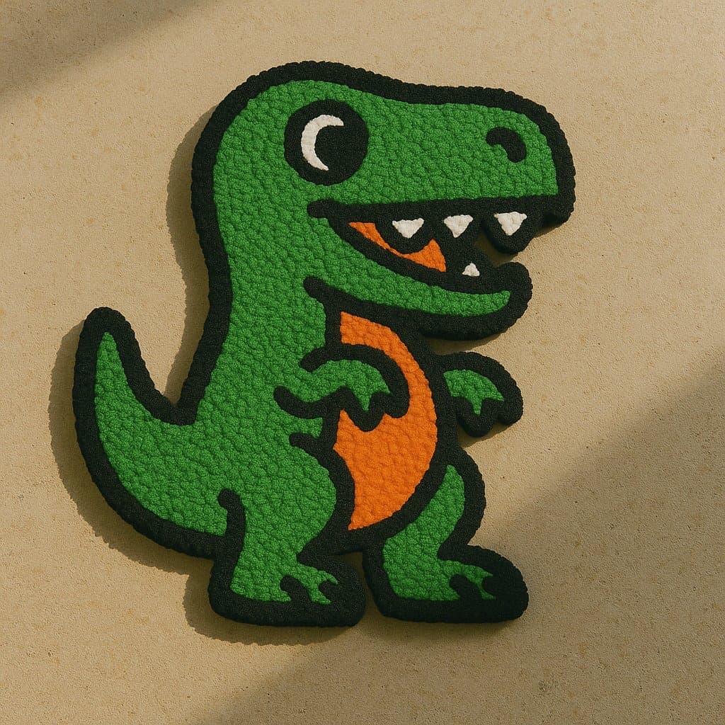 Hand-tufted rug in the shape of a dinosaur emoji 🦖