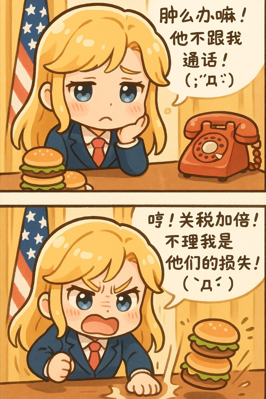 Two-panel cute Japanese manga showing a girl president upset about a phone call, then angrily raising tariffs