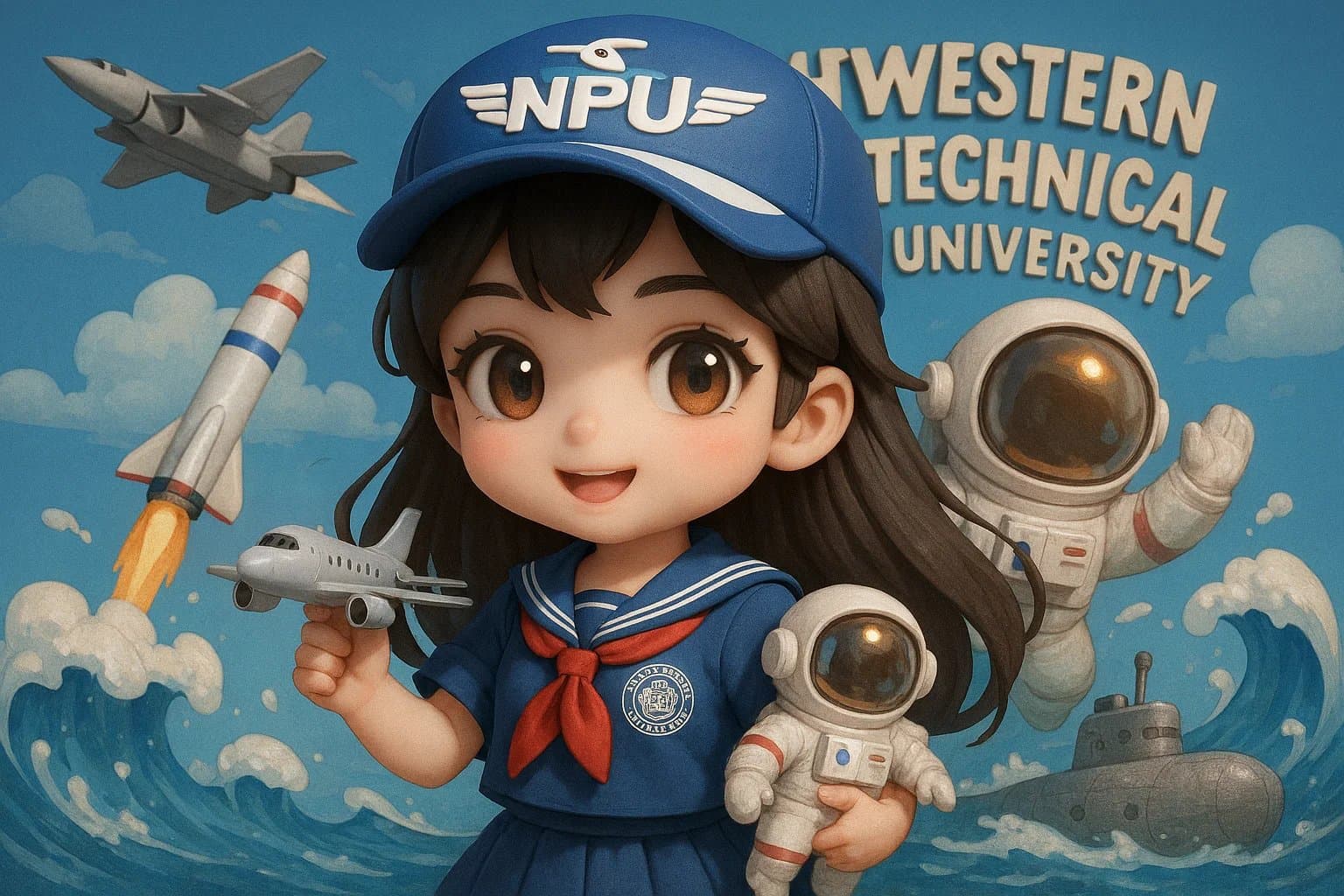 Anthropomorphic 3D Q-version cute girl mascot for Northwestern Polytechnical University, showcasing aerospace and maritime features