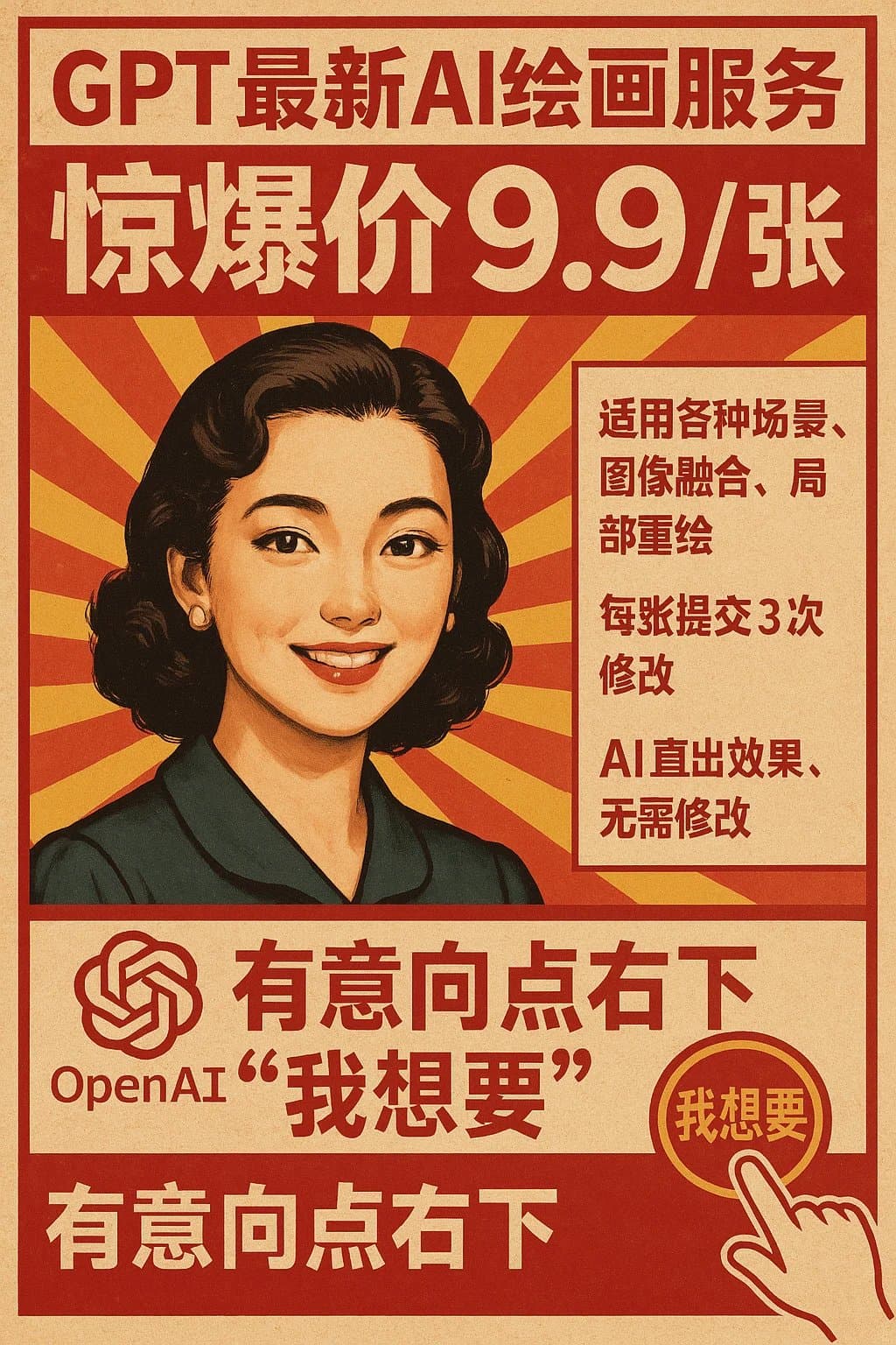 Vintage style promotional poster with Chinese text advertising AI painting service