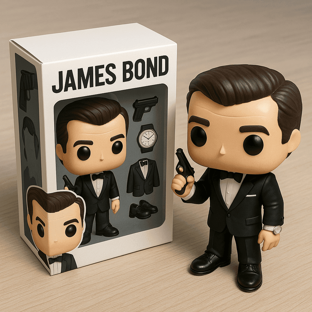 Isometric view of a custom Funko Pop box titled 'JAMES BOND' based on a photo, showing figure inside and beside the box