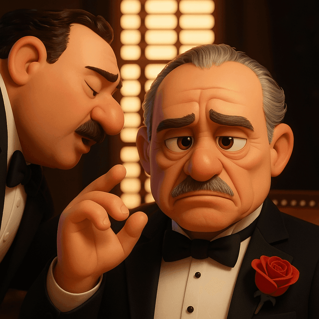 Scene from The Godfather redrawn in Pixar 3D style