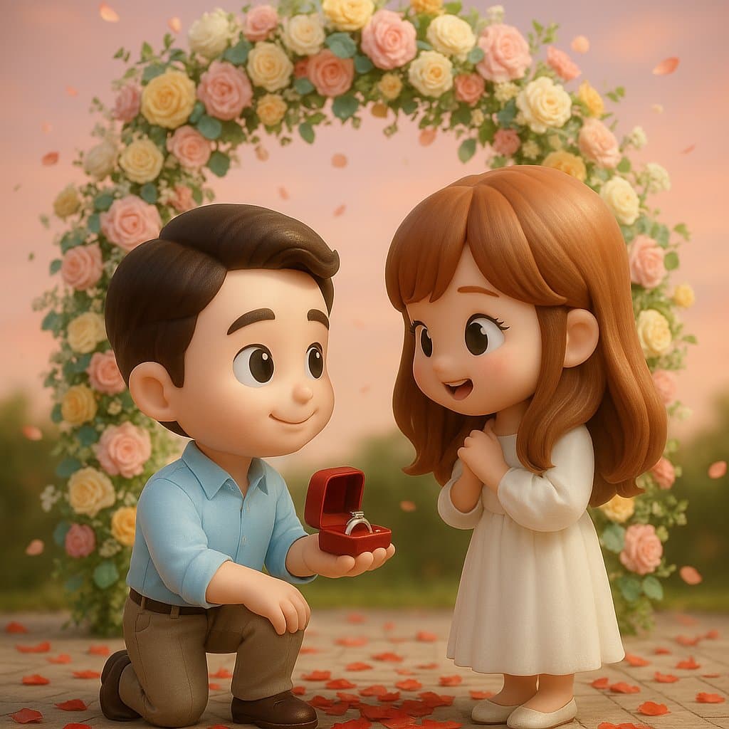 Q-version 3D couple in a realistic proposal setting with flower arch